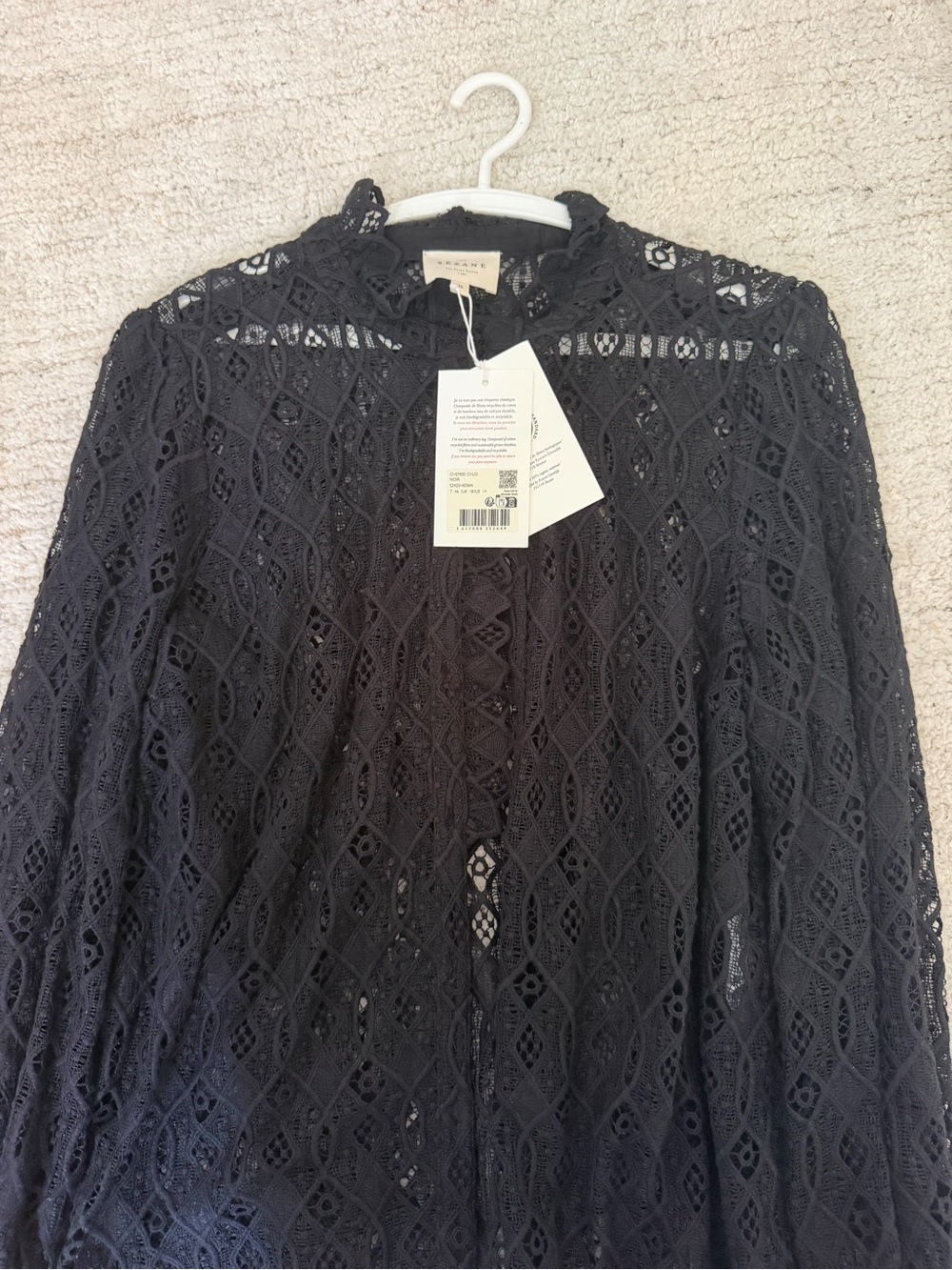 NWT Sezane Chemise Black Lace Long-Sleeve Top